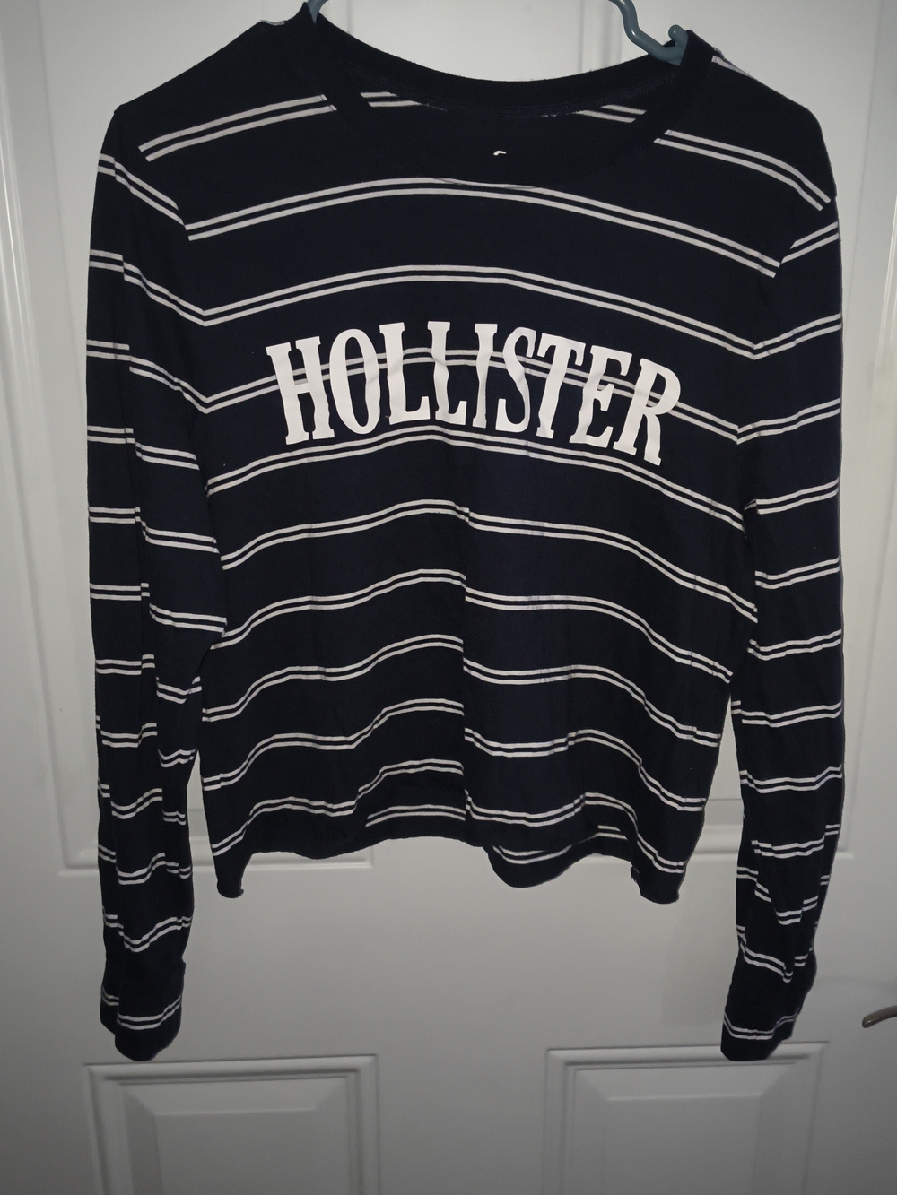 Hollister Navy and White Striped Crop Long-Sleeve Top